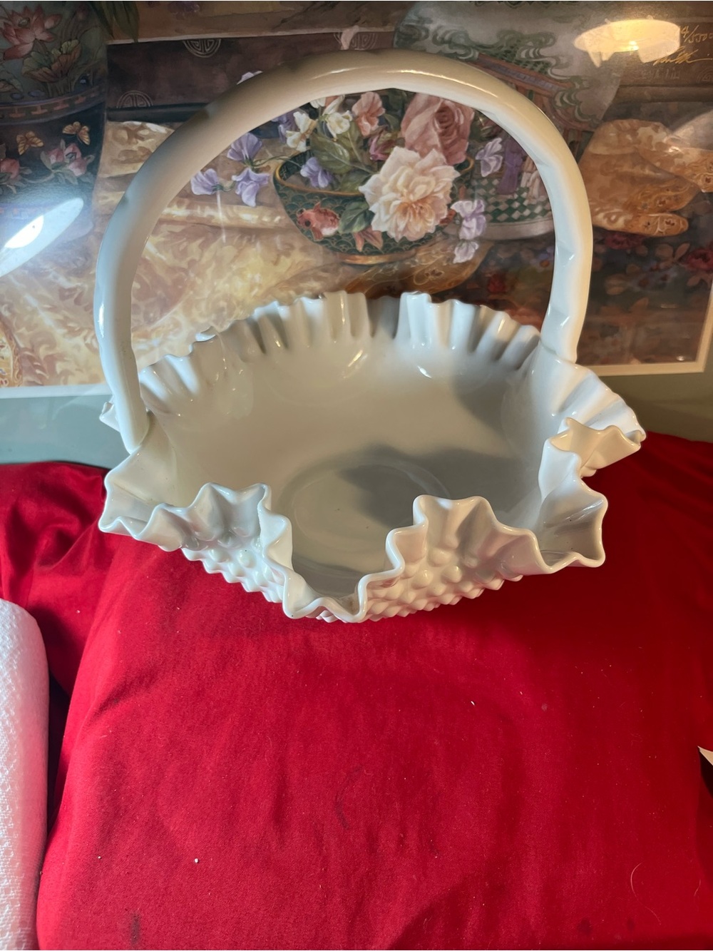 White Ruffled Hobnail Glass Basket